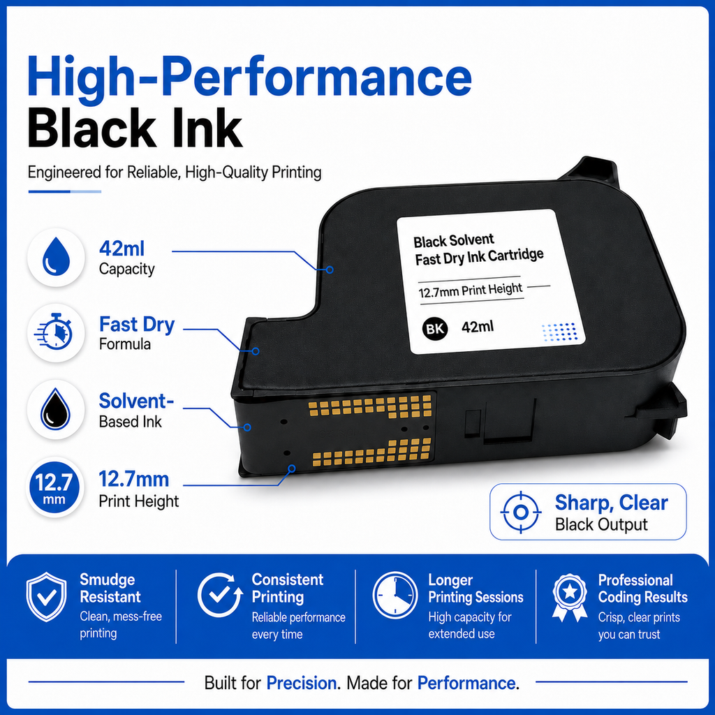 NEXUVA JS12M-BK 42ml Black Fast-Dry Solvent Ink Cartridge for 2588+ JS12 Handheld Inkjet Printers