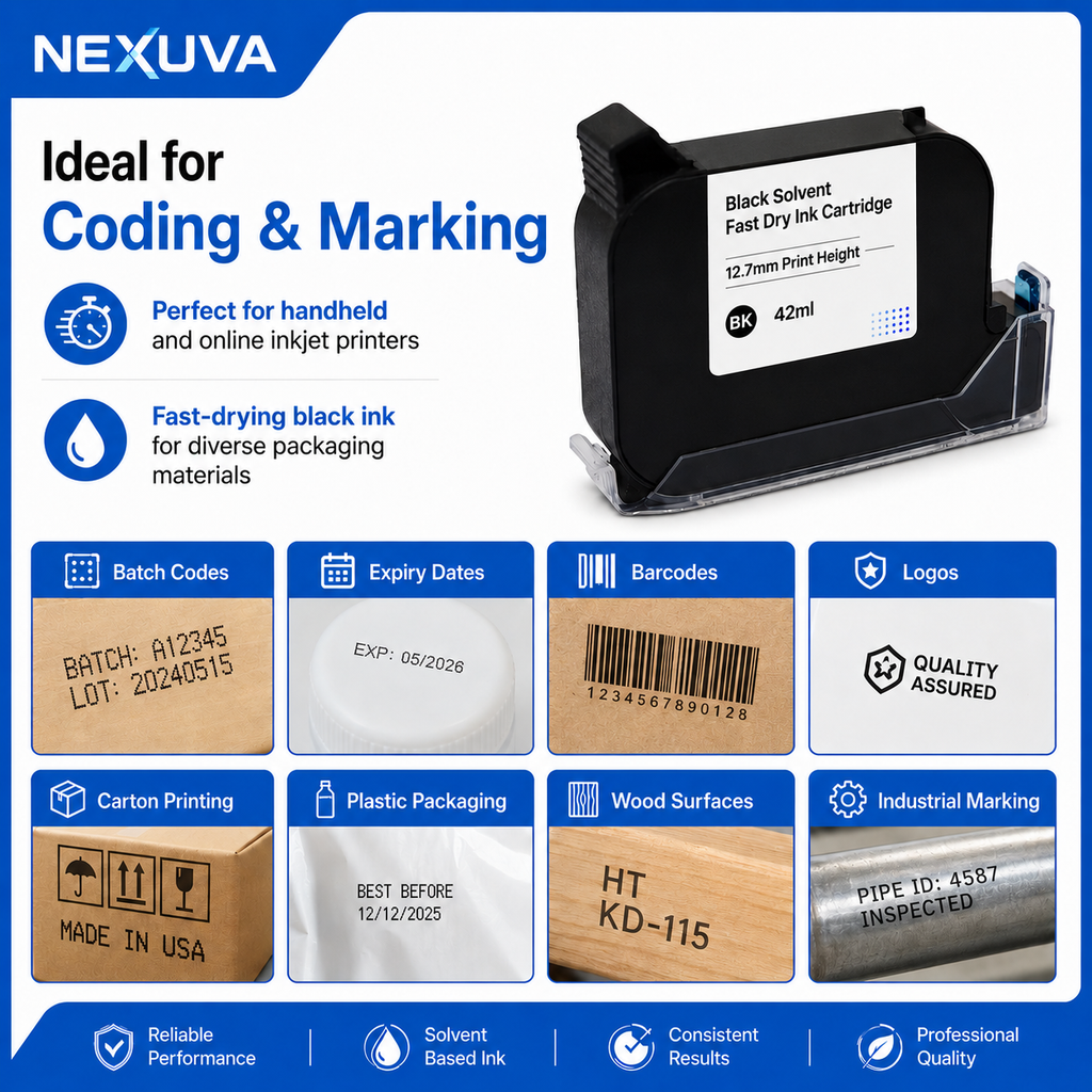 NEXUVA JS12M-BK 42ml Black Fast-Dry Solvent Ink Cartridge for 2588+ JS12 Handheld Inkjet Printers