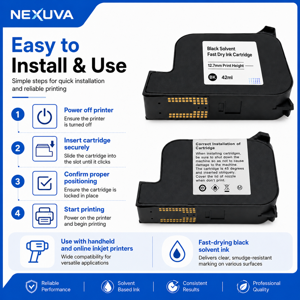 NEXUVA JS12M-BK 42ml Black Fast-Dry Solvent Ink Cartridge for 2588+ JS12 Handheld Inkjet Printers