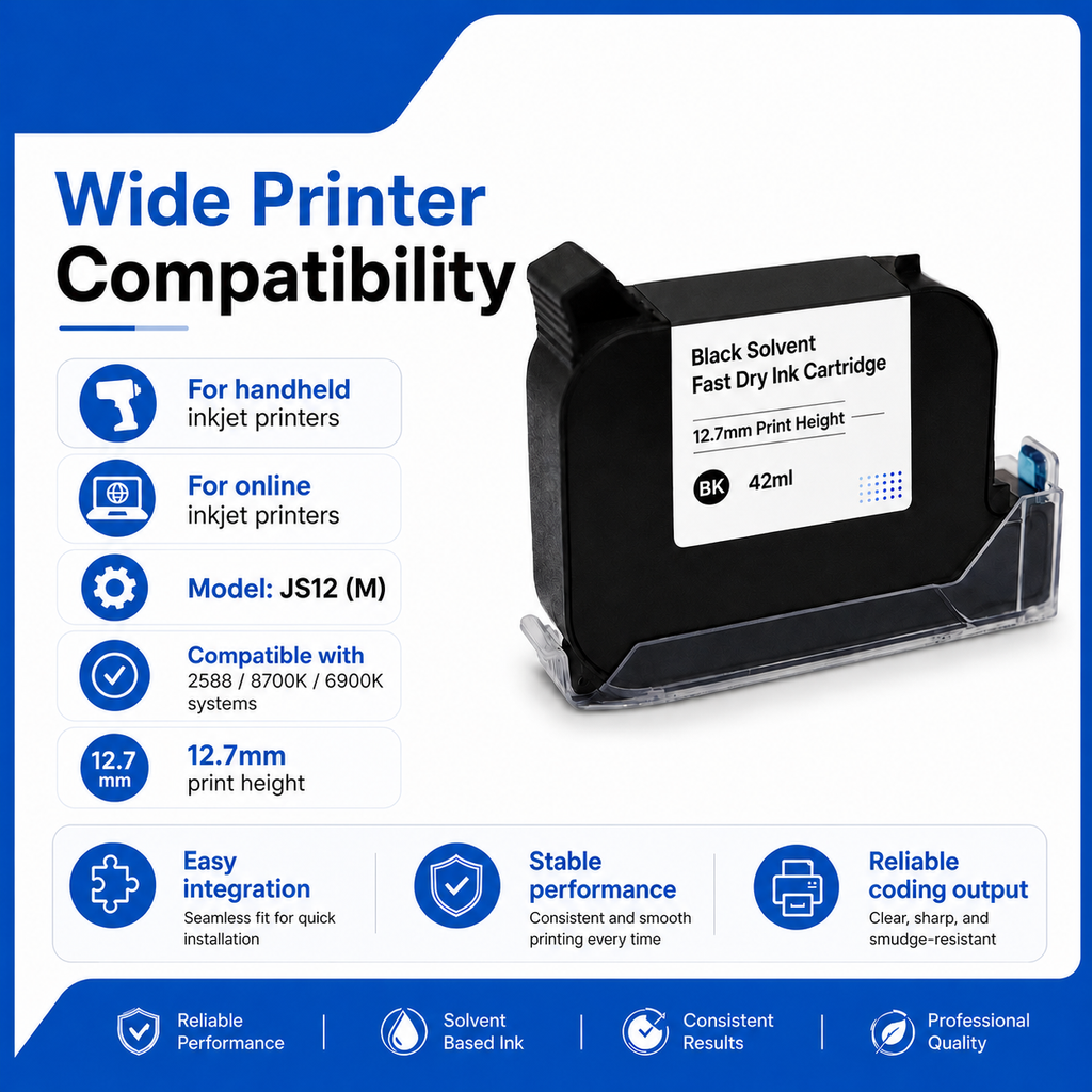 NEXUVA JS12M-BK 42ml Black Fast-Dry Solvent Ink Cartridge for 2588+ JS12 Handheld Inkjet Printers