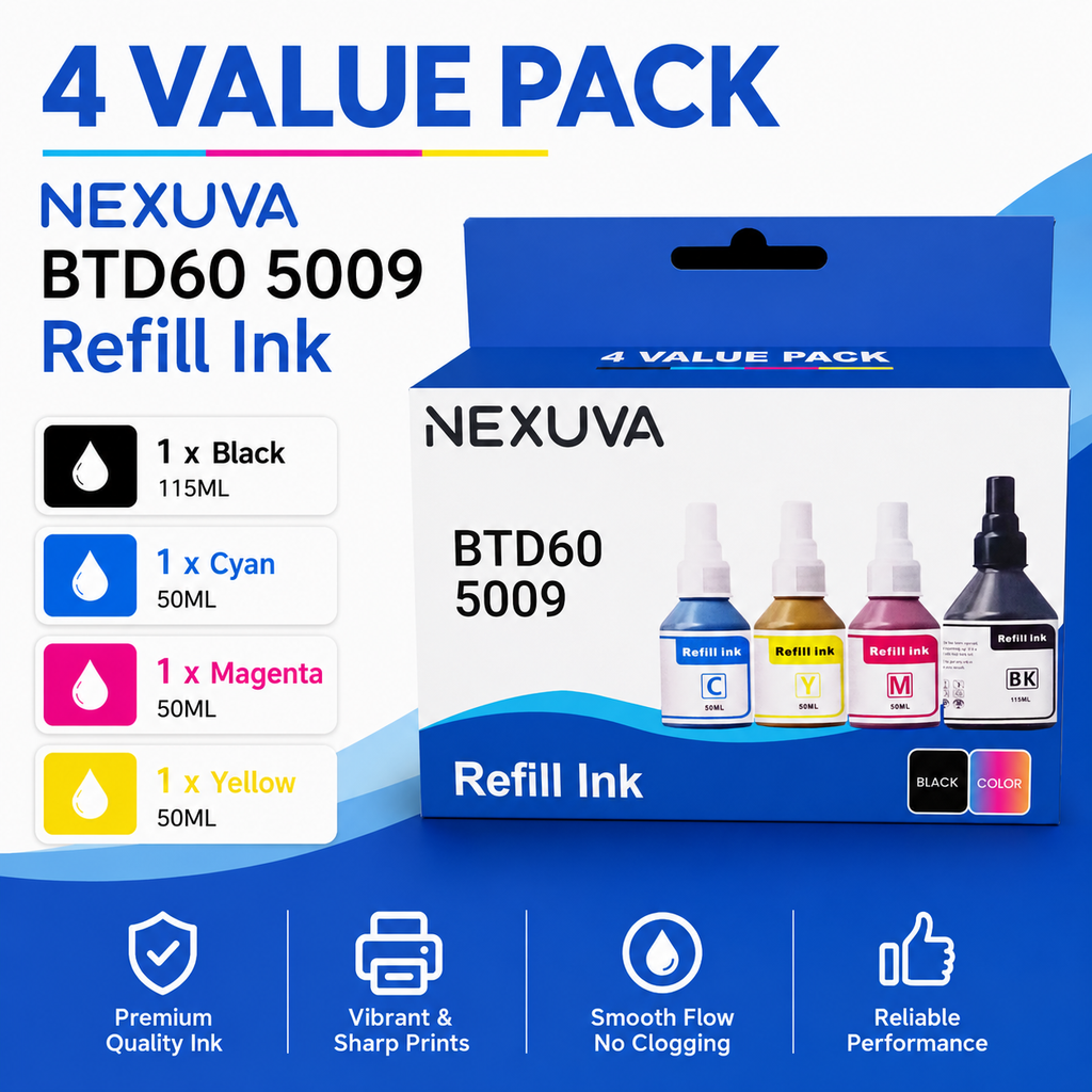 NEXUVA BTD60 / 5009 Compatible Refill Ink Bottle Set - Black, Cyan, Magenta, Yellow