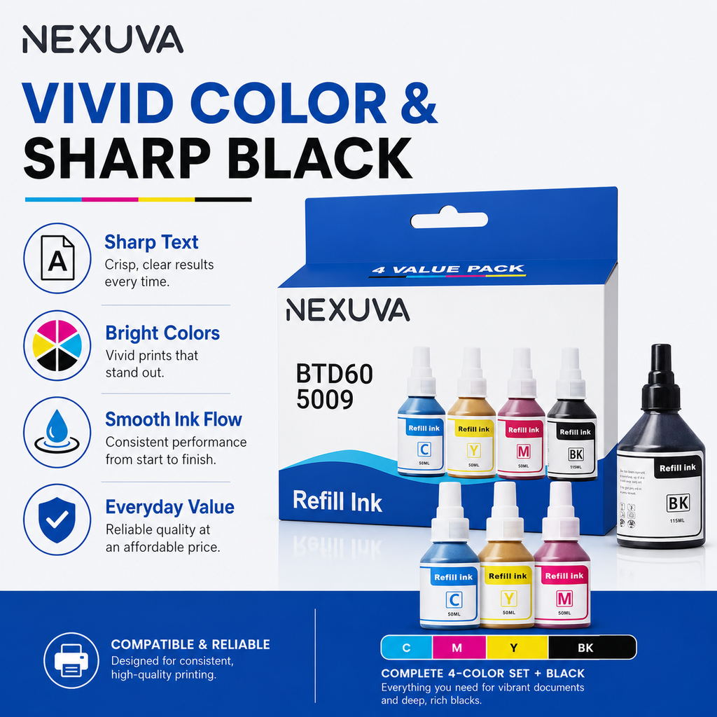 NEXUVA BTD60 / 5009 Compatible Refill Ink Bottle Set - Black, Cyan, Magenta, Yellow
