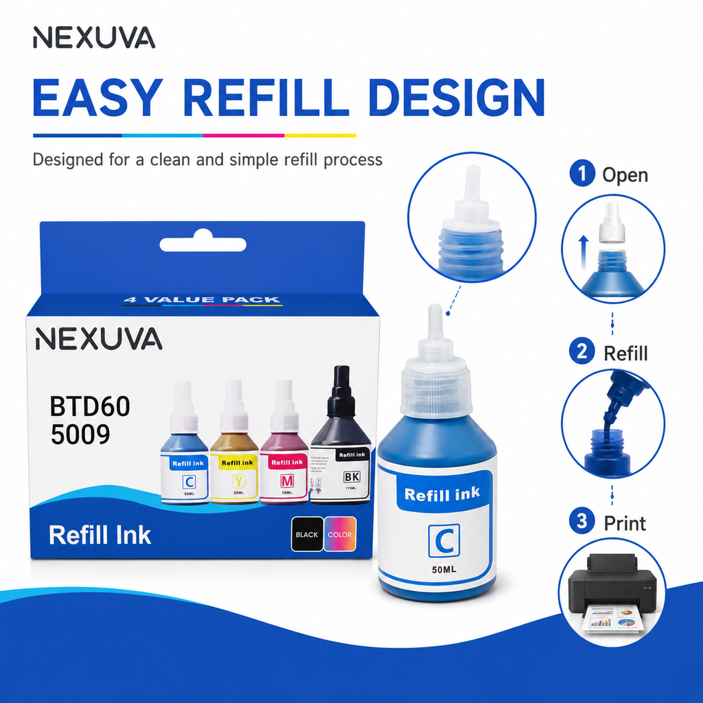 NEXUVA BTD60 / 5009 Compatible Refill Ink Bottle Set - Black, Cyan, Magenta, Yellow