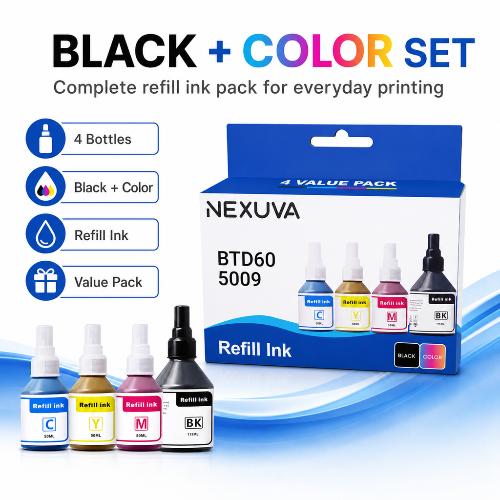 NEXUVA BTD60 / 5009 Compatible Refill Ink Bottle Set - Black, Cyan, Magenta, Yellow