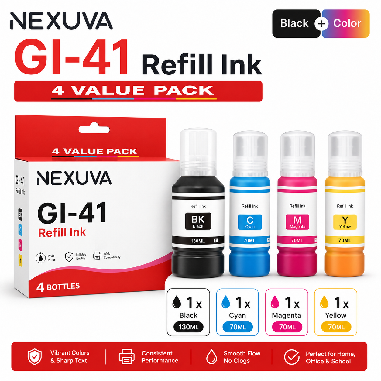 طقم زجاجات حبر إعادة تعبئة متوافق NEXUVA GI-41 - أسود، سماوي، أرجواني، أصفر