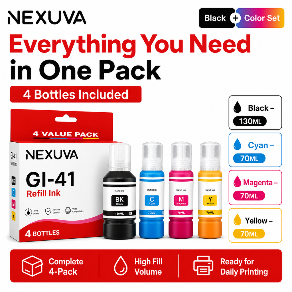 NEXUVA GI-41 Compatible Refill Ink Bottle Set - Black, Cyan, Magenta, Yellow