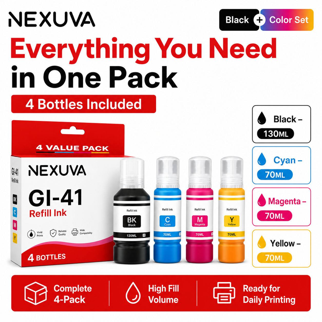 طقم زجاجات حبر إعادة تعبئة متوافق NEXUVA GI-41 - أسود، سماوي، أرجواني، أصفر