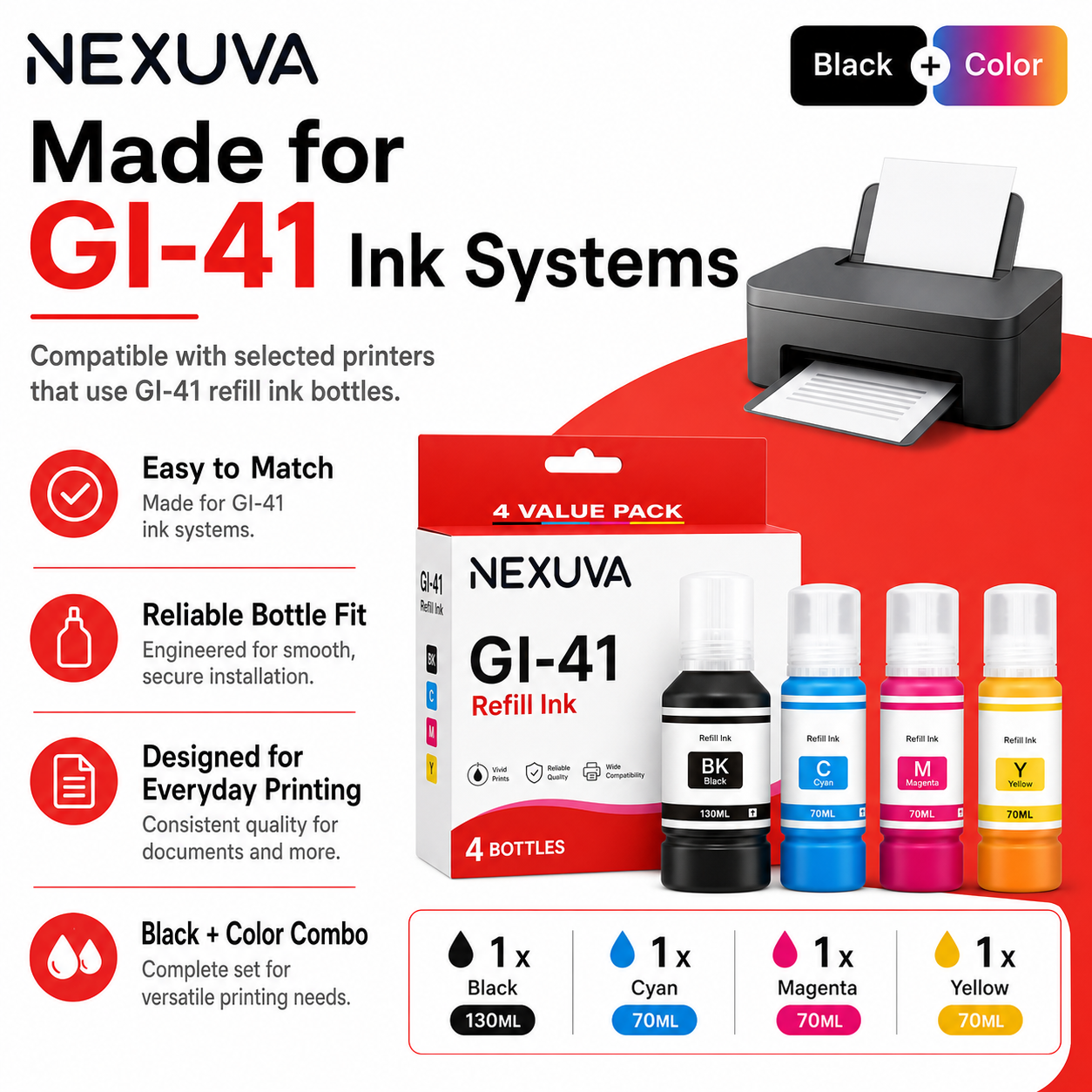 طقم زجاجات حبر إعادة تعبئة متوافق NEXUVA GI-41 - أسود، سماوي، أرجواني، أصفر