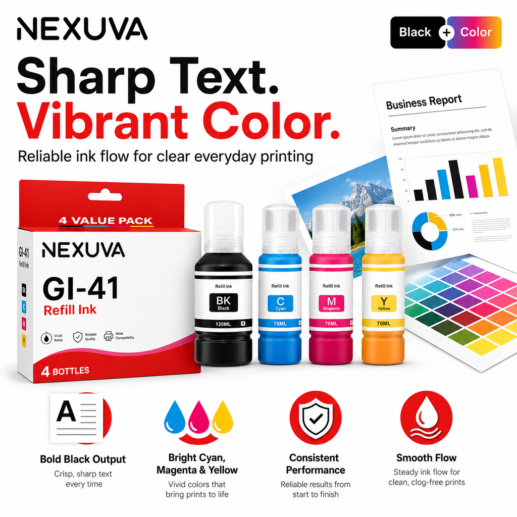 NEXUVA GI-41 Compatible Refill Ink Bottle Set - Black, Cyan, Magenta, Yellow
