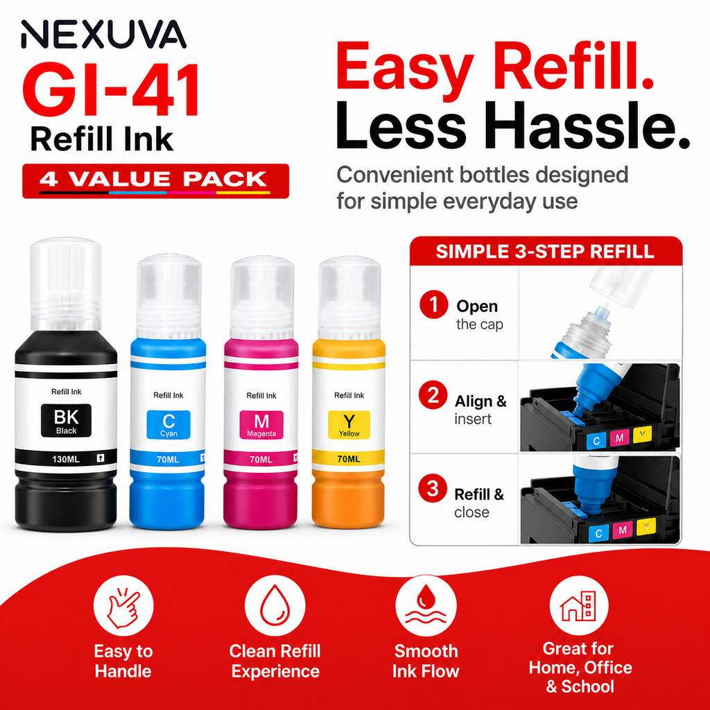 NEXUVA GI-41 Compatible Refill Ink Bottle Set - Black, Cyan, Magenta, Yellow