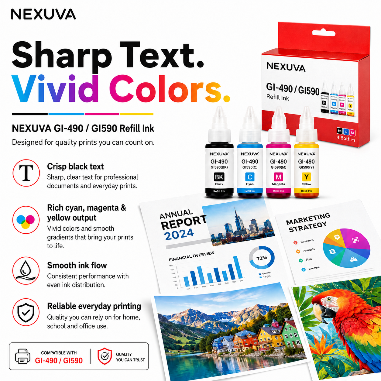 مجموعة زجاجات حبر إعادة تعبئة متوافقة مع NEXUVA GI-490 - أسود، سماوي، أرجواني، أصفر