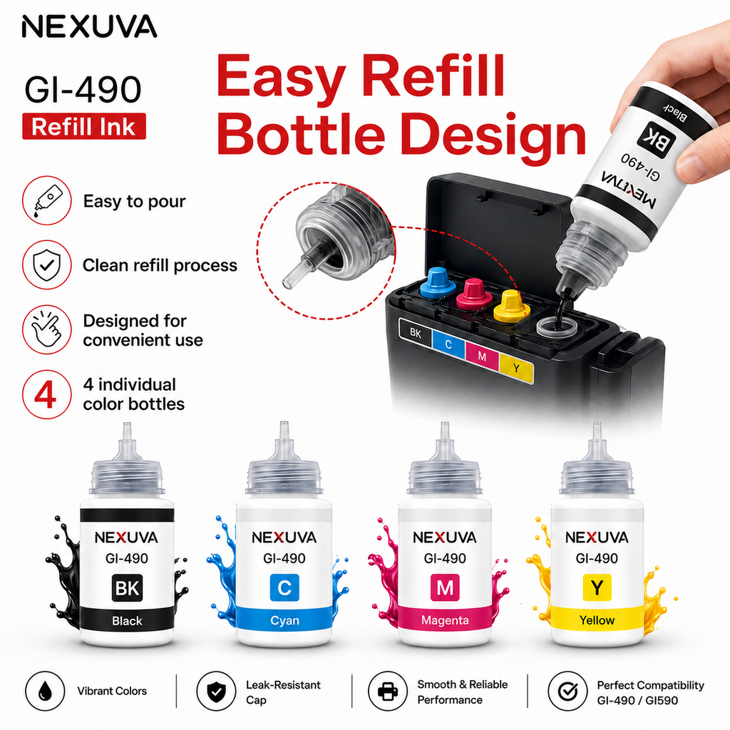 NEXUVA GI-490 Compatible Refill Ink Bottle Set - Black, Cyan, Magenta, Yellow