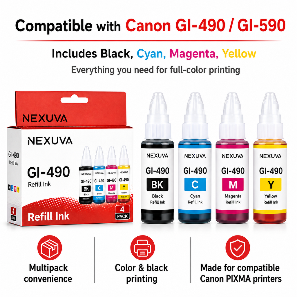 NEXUVA GI-490 Compatible Refill Ink Bottle Set - Black, Cyan, Magenta, Yellow