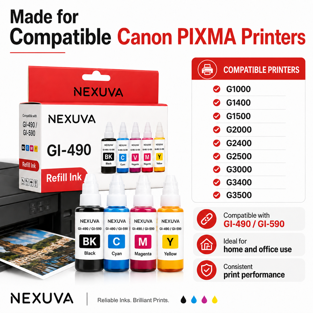 NEXUVA GI-490 Compatible Refill Ink Bottle Set - Black, Cyan, Magenta, Yellow