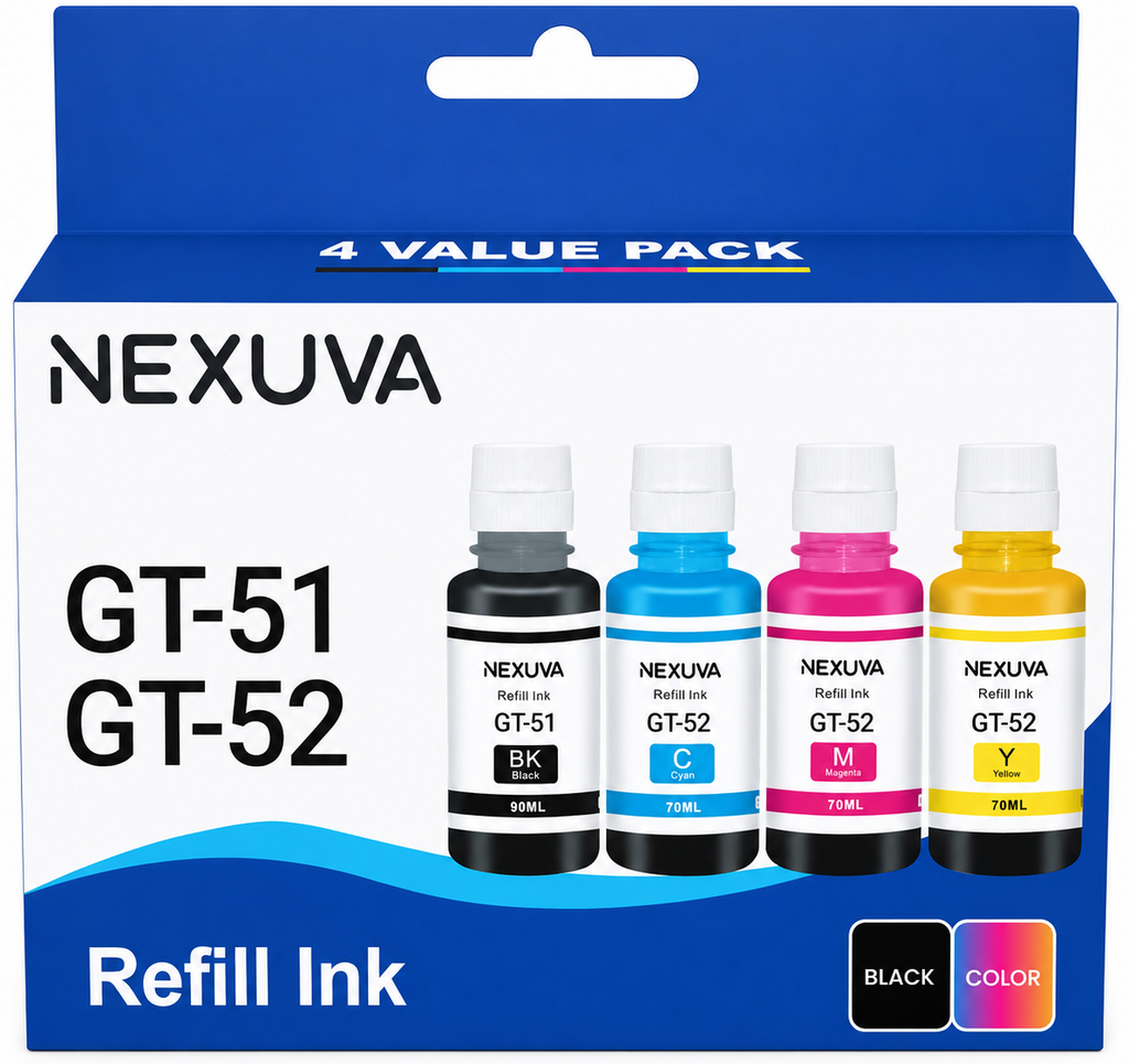 NEXUVA GT-51 / GT-52 Compatible Refill Ink Bottle Set - Black, Cyan, Magenta, Yellow