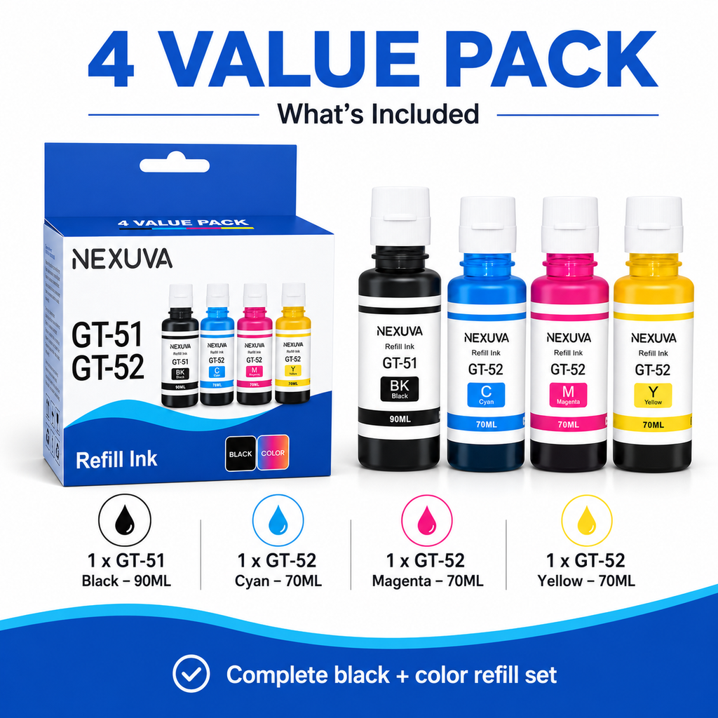 NEXUVA GT-51 / GT-52 Compatible Refill Ink Bottle Set - Black, Cyan, Magenta, Yellow