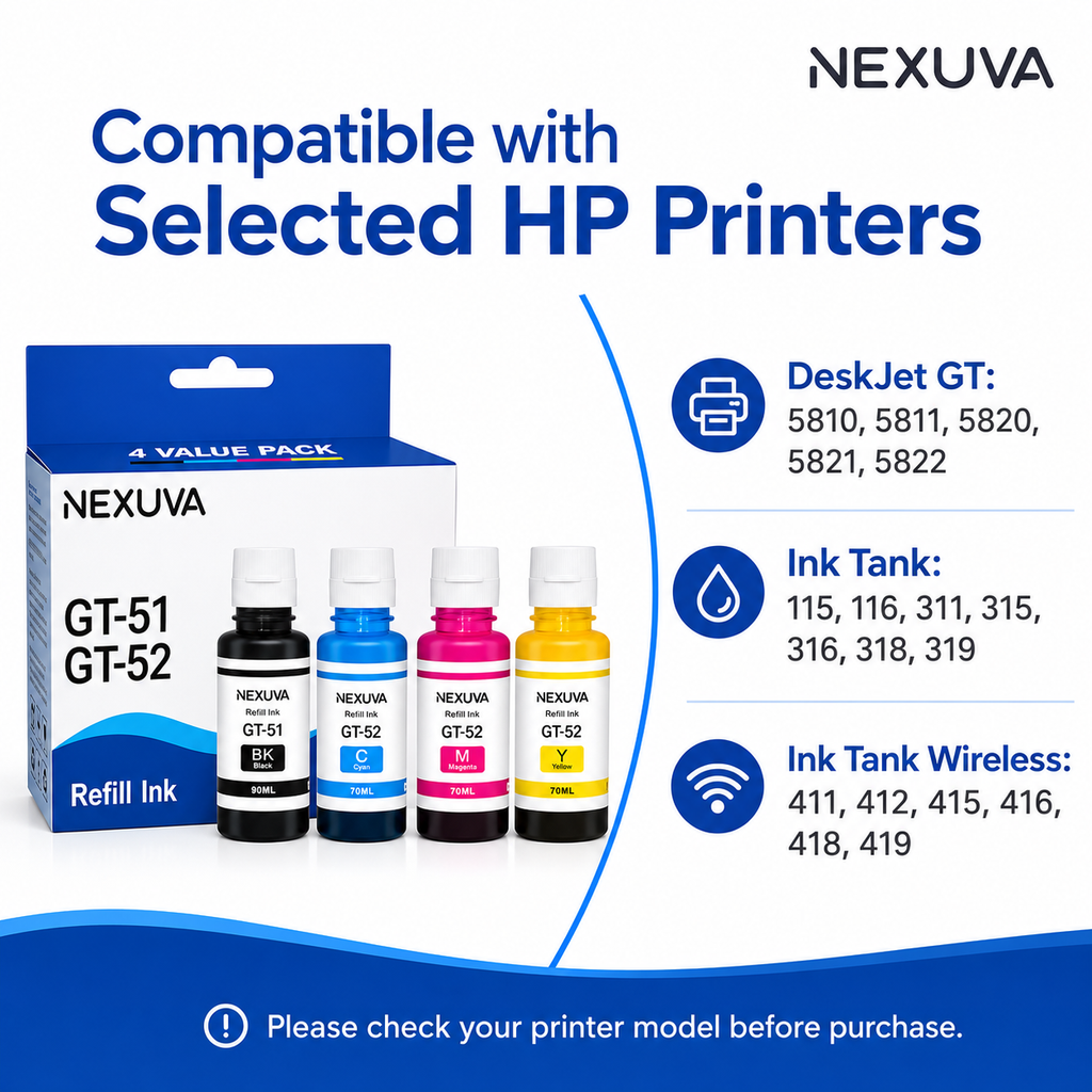 NEXUVA GT-51 / GT-52 Compatible Refill Ink Bottle Set - Black, Cyan, Magenta, Yellow