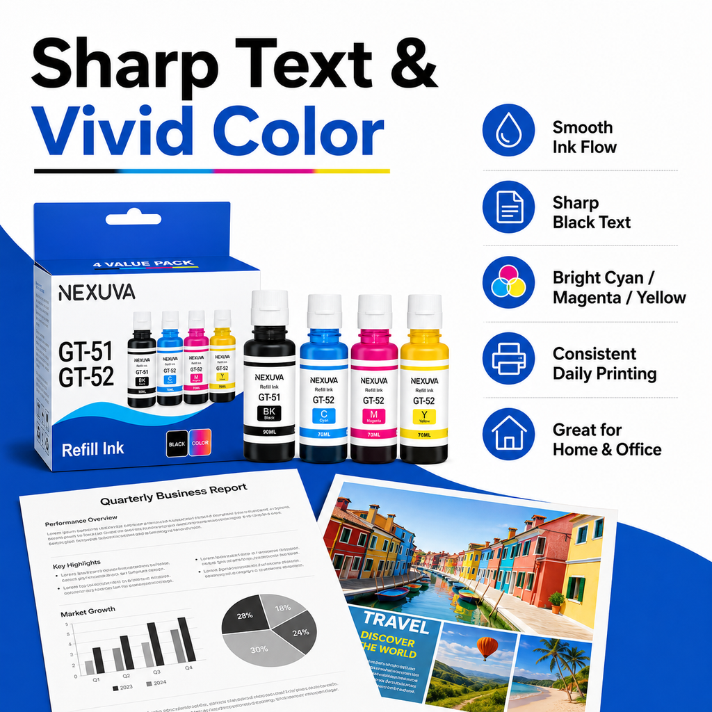 NEXUVA GT-51 / GT-52 Compatible Refill Ink Bottle Set - Black, Cyan, Magenta, Yellow