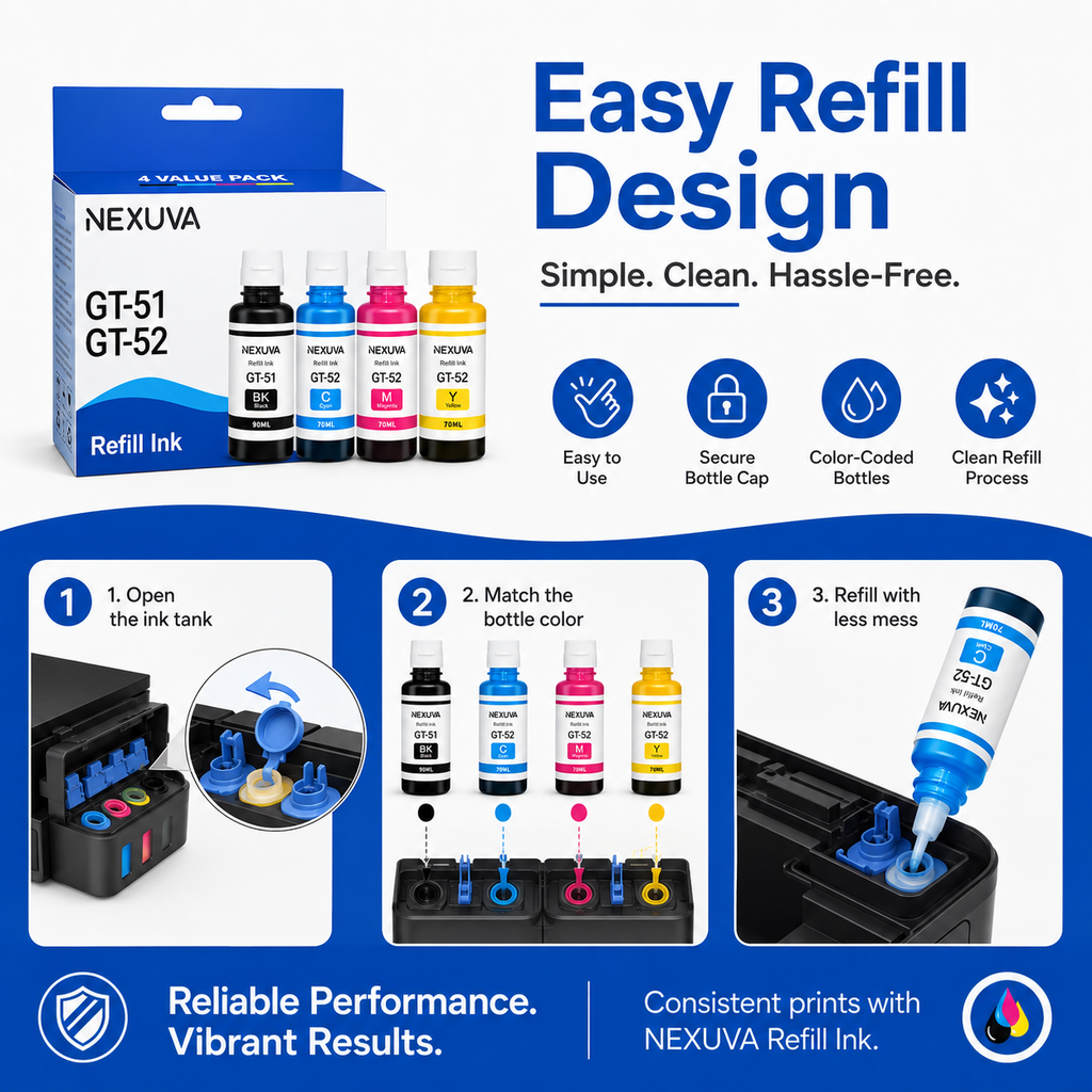 NEXUVA GT-51 / GT-52 Compatible Refill Ink Bottle Set - Black, Cyan, Magenta, Yellow