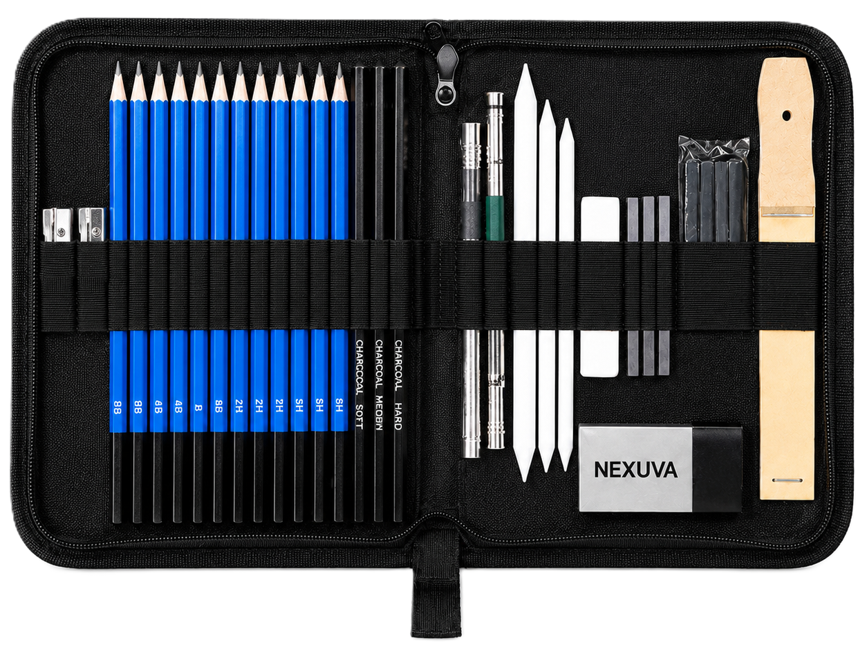 مجموعة أقلام رسم وتخطيط NEXUVA مكونة من 32 قطعة مع حافظة محمولة بسحاب