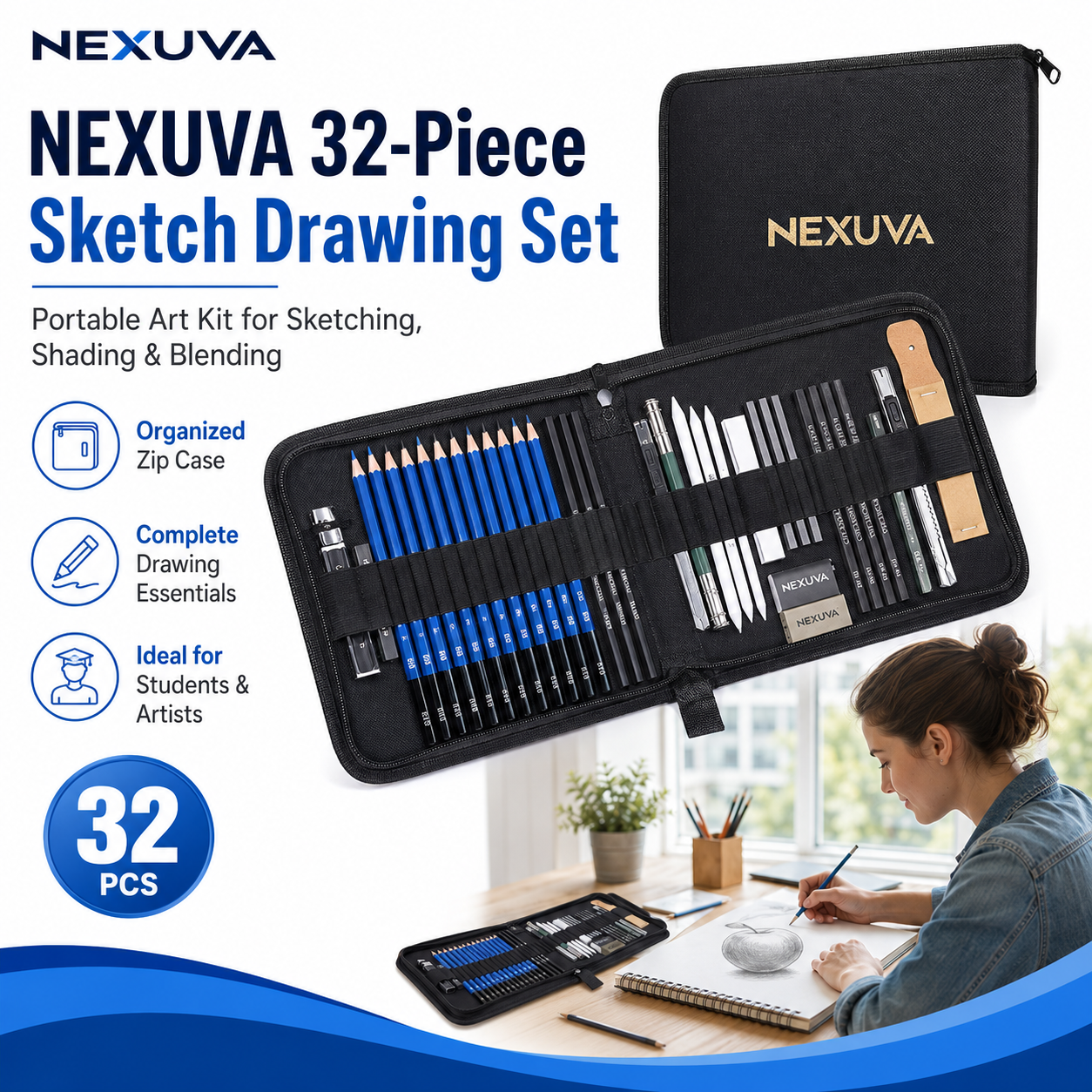 مجموعة أقلام رسم وتخطيط NEXUVA مكونة من 32 قطعة مع حافظة محمولة بسحاب