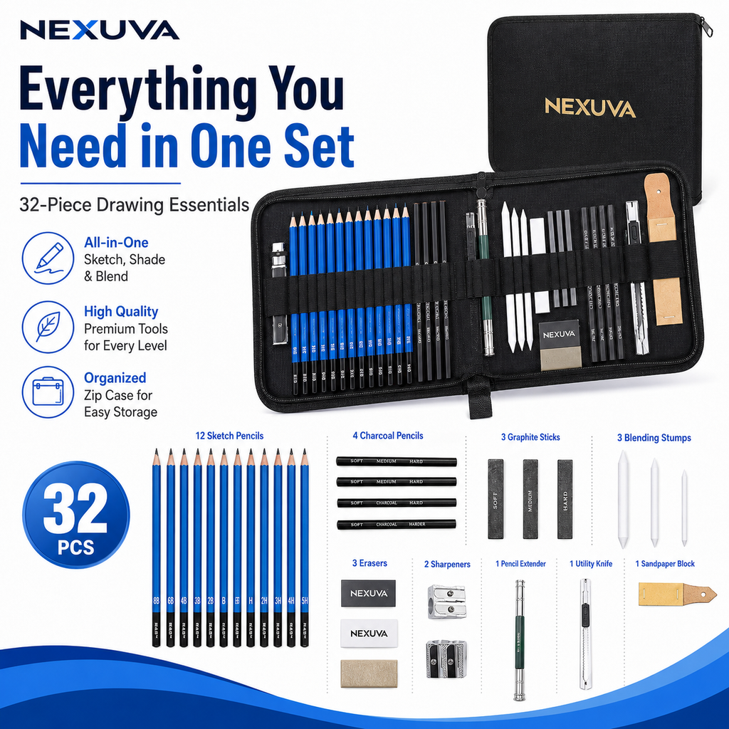 NEXUVA 32-Piece Sketching and Drawing Pencil Set with Portable Zip Case