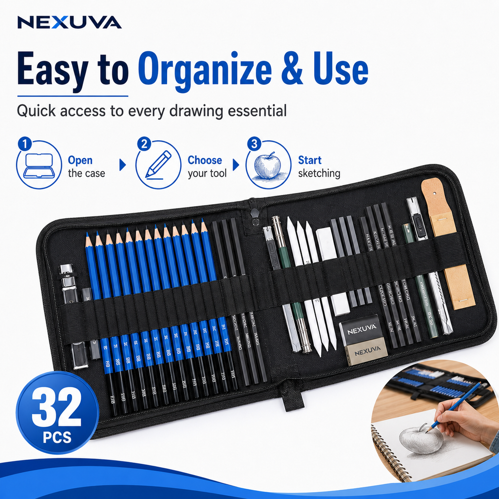NEXUVA 32-Piece Sketching and Drawing Pencil Set with Portable Zip Case