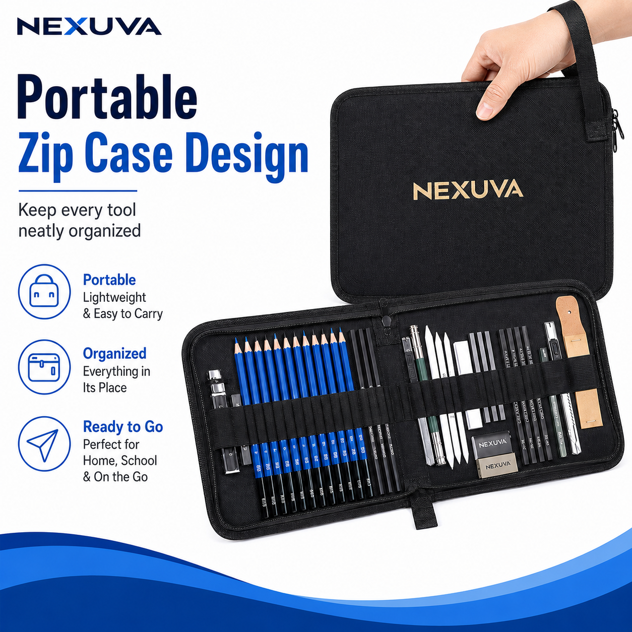 مجموعة أقلام رسم وتخطيط NEXUVA مكونة من 32 قطعة مع حافظة محمولة بسحاب
