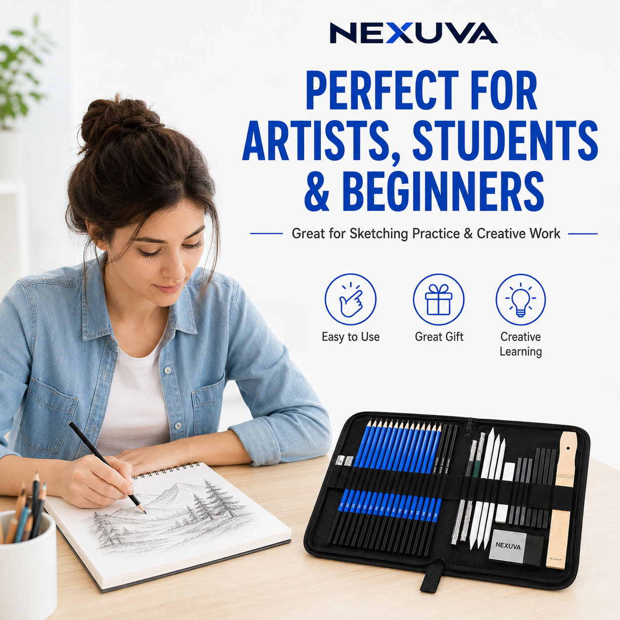 مجموعة أقلام رسم وتخطيط احترافية من NEXUVA مكونة من 40 قطعة مع حقيبة محمولة بسحاب